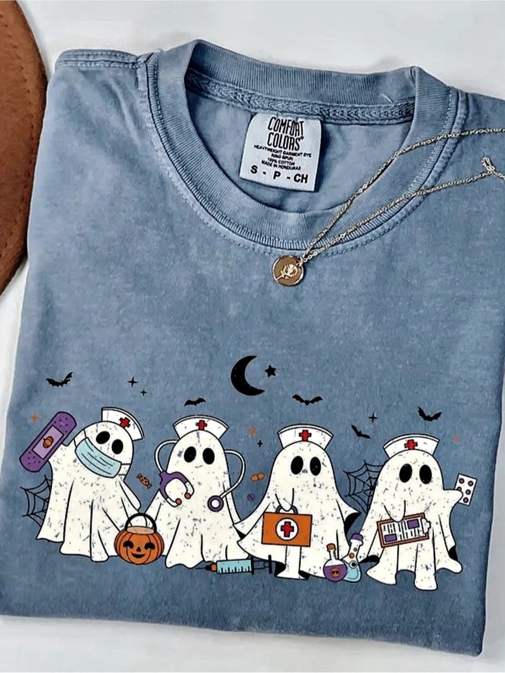 Comfort Colors Blue Jean Ghost Nurse Halloween Graphic T-Shirt
